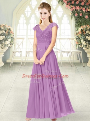 Unique V-neck Cap Sleeves Zipper Prom Party Dress Lilac Chiffon