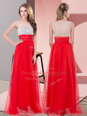 Red Chiffon Side Zipper Scoop Sleeveless Floor Length Sequins