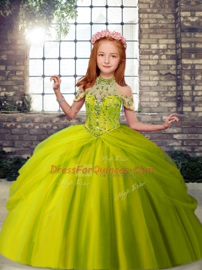 Lovely Olive Green Halter Top Neckline Beading Pageant Gowns For Girls Sleeveless Lace Up