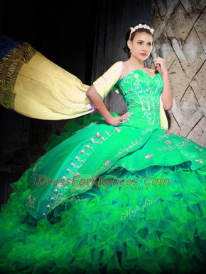 Green Sleeveless Organza Brush Train Lace Up 15 Quinceanera Dress for Military Ball and Sweet 16 and Quinceanera