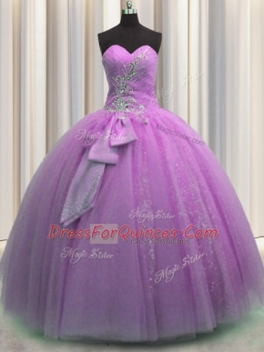 Super Sequins Bowknot Sweetheart Sleeveless Lace Up 15 Quinceanera Dress Lilac Tulle