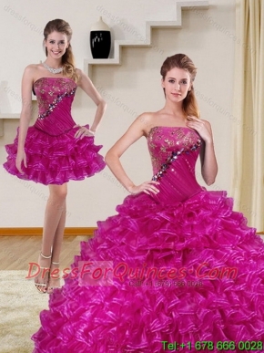 2015 Detachable and Custom Made Fuchsia Quince Dress with Beading and Ruffled Layers