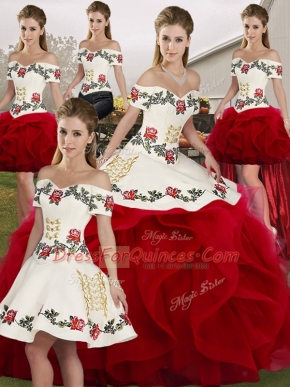 Beauteous White And Red Off The Shoulder Lace Up Embroidery and Ruffles 15th Birthday Dress Sleeveless