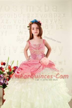 Organza Sleeveless Floor Length Flower Girl Dress and Beading and Ruffled Layers and Hand Made Flower