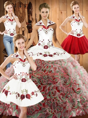 Halter Top Sleeveless Fabric With Rolling Flowers Quinceanera Dresses Embroidery Sweep Train Lace Up