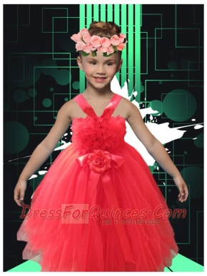 2014 Simple A-Line Straps Tea-length Little Girl Dress in Coral Red