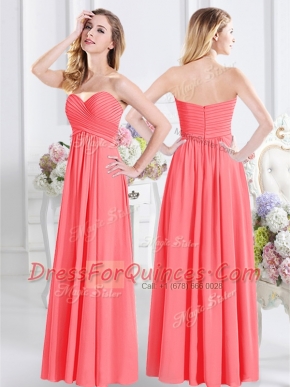 Captivating Sweetheart Sleeveless Damas Dress Floor Length Ruching Watermelon Red Chiffon