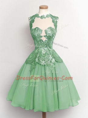 High-neck Sleeveless Quinceanera Dama Dress Knee Length Lace Apple Green Chiffon