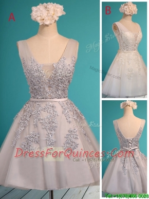 See Through Deep V Neckline Prom Dresses with Appliques and Belt