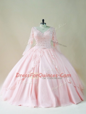 Superior Baby Pink Long Sleeves Satin and Tulle Lace Up Quinceanera Dresses for Sweet 16 and Quinceanera