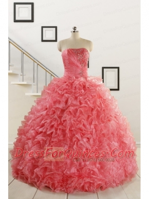 2015 New Arrival Watermelon Red Sweet 15 Dress with Beading