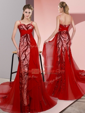 Red Sleeveless Satin Sweep Train Lace Up Homecoming Dress for Prom and Party