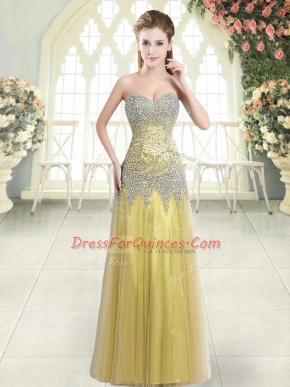 Fine Gold Tulle Zipper Homecoming Dress Sleeveless Floor Length Beading