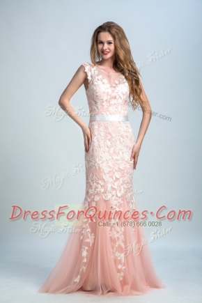 Peach Bateau Zipper Lace Homecoming Dress Sleeveless