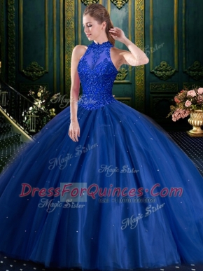 Floor Length Lace Up Sweet 16 Quinceanera Dress Navy Blue for Military Ball and Sweet 16 and Quinceanera with Beading and Appliques