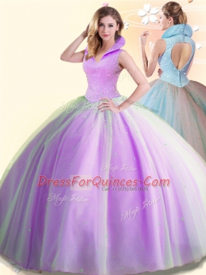 Lilac Ball Gowns Tulle High-neck Sleeveless Beading Floor Length Backless 15th Birthday Dress