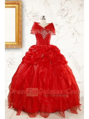 Sweetheart Ball Gown Beading 2015 Prefect Red Quinceanera Dresses