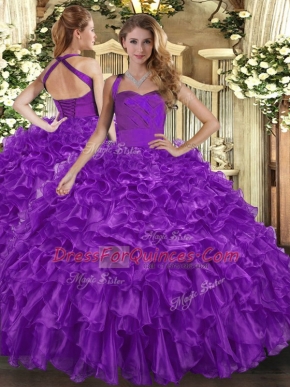 Floor Length Ball Gowns Sleeveless Purple Sweet 16 Dress Lace Up