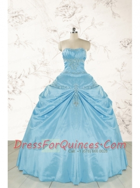 2015 Discount Strapless Appliques Sweet 15 Dress in Aqua Blue