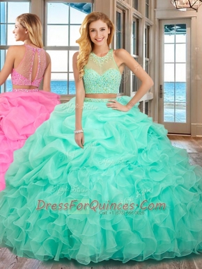 Custom Made Apple Green Sleeveless Organza Lace Up Quinceanera Dresses for Military Ball and Sweet 16 and Quinceanera