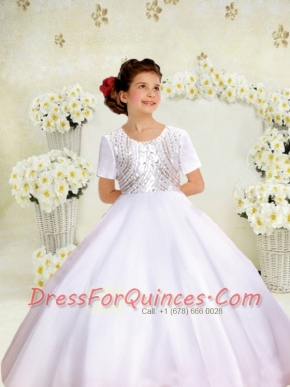 A-Line Scoop Sequins Floor-length Short Sleeves Flower Girl Dress for 2014