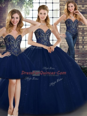 Floor Length Three Pieces Sleeveless Navy Blue Ball Gown Prom Dress Lace Up