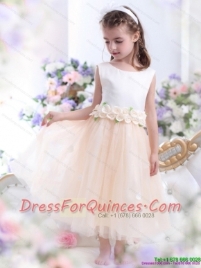 2015 Adorable White Little Girl Pageant Dress with Waistband and Hand Made Flowers