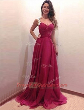 Amazing Scoop Sleeveless Brush Train Appliques Burgundy Chiffon