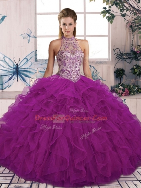 Halter Top Sleeveless Quince Ball Gowns Floor Length Beading and Ruffles Purple Tulle