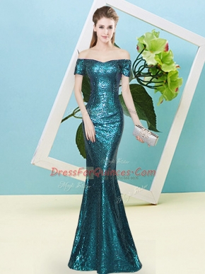 Short Sleeves Sequined Floor Length Zipper Dress for Prom in Teal with Sequins