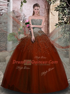 Sophisticated Strapless Sleeveless Lace Up Ball Gown Prom Dress Rust Red Tulle