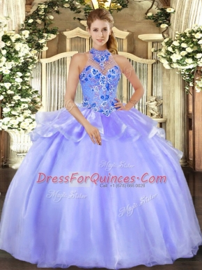 Sleeveless Organza Floor Length Lace Up Sweet 16 Dress in Lavender with Embroidery