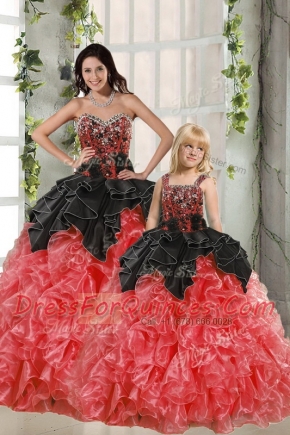 Graceful Beading and Ruffles Quinceanera Dresses Red And Black Lace Up Sleeveless Floor Length