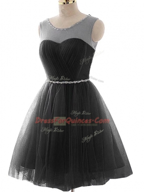 Spectacular Black A-line Scoop Sleeveless Tulle Mini Length Lace Up Beading and Ruching Prom Party Dress