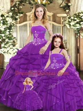 Sophisticated Purple Ball Gowns Tulle Strapless Sleeveless Beading and Ruffles Floor Length Lace Up Sweet 16 Quinceanera Dress