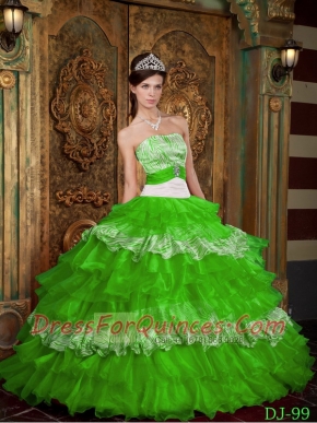 New Styles In Spring Green Ball Gown Strapless With Organza and Zebra Ruffles Quinceanera Dress