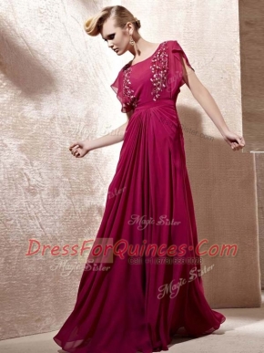 Scoop Fuchsia Cap Sleeves Floor Length Beading Zipper Prom Gown