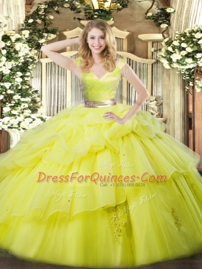 Gorgeous Floor Length Zipper Sweet 16 Dress Yellow Green for Military Ball and Sweet 16 and Quinceanera with Ruffled Layers