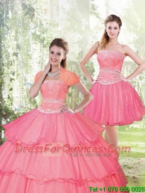 2015 Sweet Hot Pink Quinceanera Dresses with Beading and Ruffled Layers