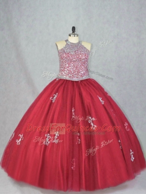 Unique Ball Gowns Sweet 16 Dress Red Halter Top Tulle Sleeveless Floor Length Lace Up