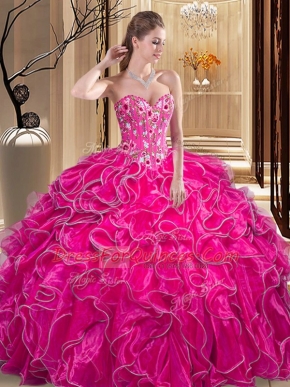Floor Length Lace Up Quinceanera Dresses Fuchsia for Military Ball and Sweet 16 and Quinceanera with Embroidery and Ruffles