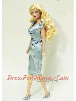 Light Blue and Belt Decorate Barbie Doll Dress