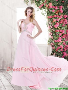2016 Exquisite Beading Baby Pink Prom Dresses with Brush Train