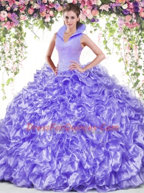 Luxury Sleeveless Organza Floor Length Backless Sweet 16 Dresses in Lavender with Beading and Ruffles