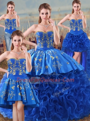 Super Fabric With Rolling Flowers Sweetheart Sleeveless Lace Up Embroidery and Ruffles Quinceanera Dresses in Royal Blue