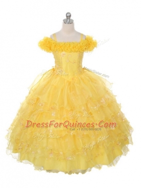 Wonderful Yellow Organza Lace Up Kids Pageant Dress Sleeveless Floor Length Ruffles and Ruffled Layers
