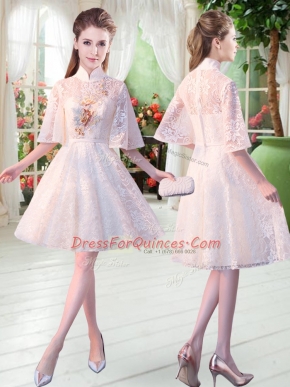 Modern White Lace Zipper Prom Party Dress Half Sleeves Knee Length Appliques