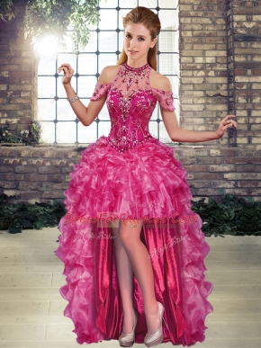 Custom Fit Fuchsia Sleeveless Beading and Ruffles High Low Evening Dress