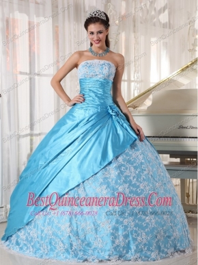 Aqua Blue Ball Gown Strapless Floor-length Taffeta Lace Quinceanera Dress