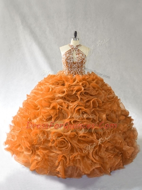 Smart Halter Top Sleeveless Organza Quinceanera Gowns Beading and Ruffles Brush Train Lace Up